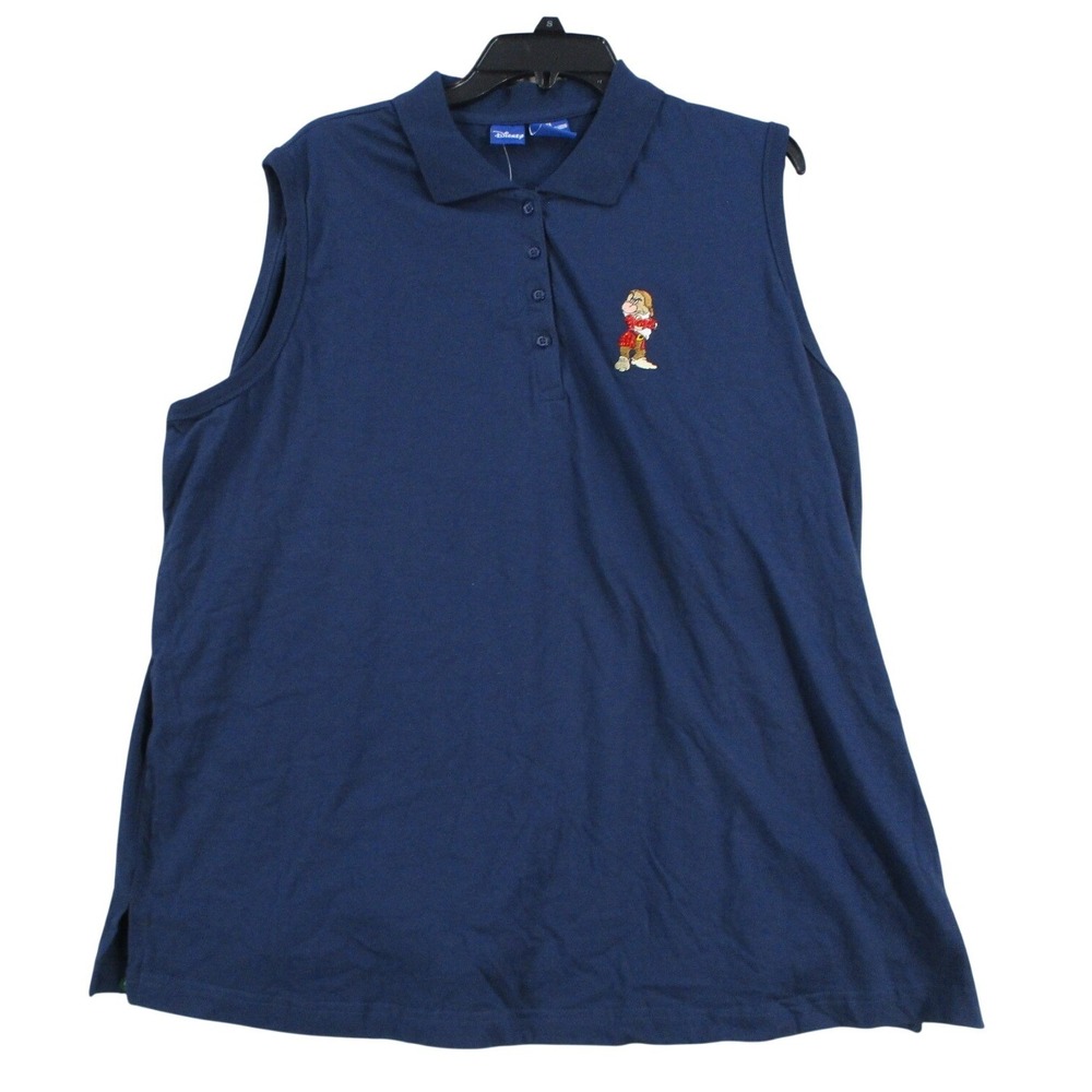 Disney Mens Grumpy Sleeveless Polo Shirt Navy Blue Cotton Snow White‎ 2X